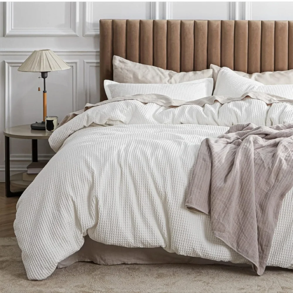 Bedsure Cotton Duvet Cover Twin 100% Cotton Waffle Weave Coconut White Duvet C